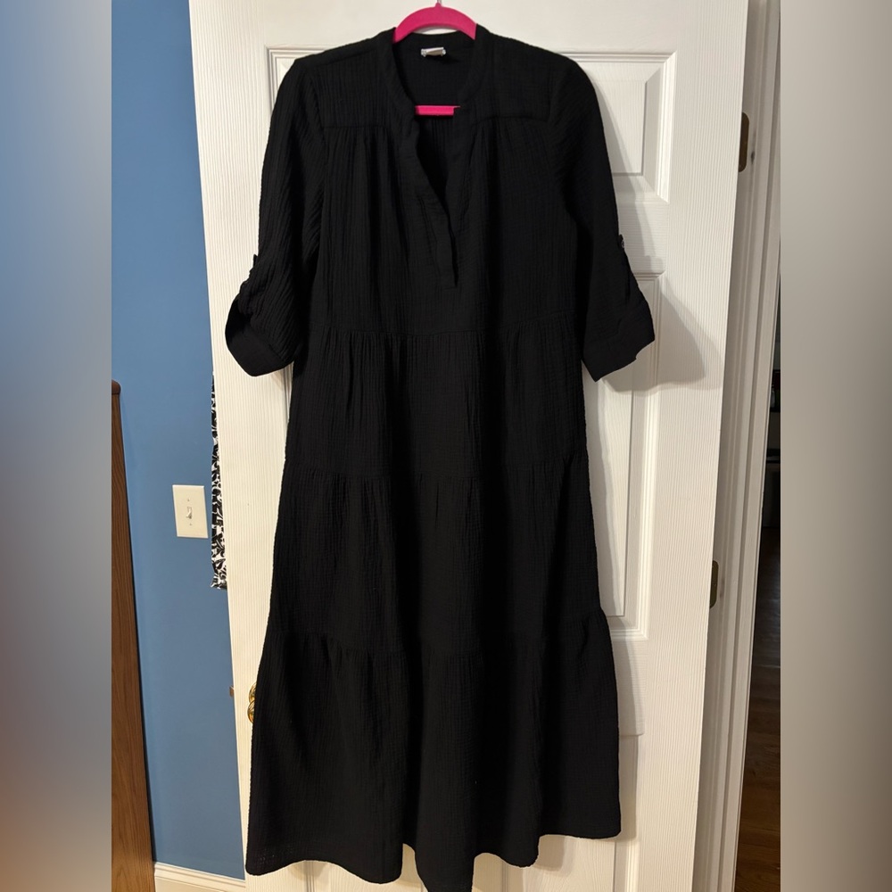 Chico's Black Long-Sleeve Tiered Midi Dress